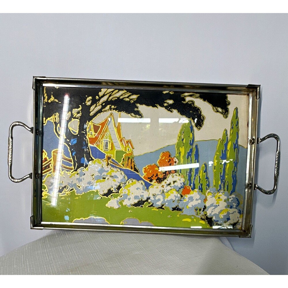 Vintage 1920s Art Deco Reverse-Painted Glass Serving Tray – Cottage Landscape